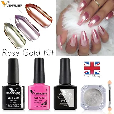 Rose Gold Nail Chrome Powder KIT Base Top Mirror Shimmer Pink Blue Nails Set • £3.99