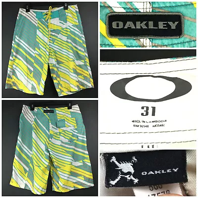 Oakley Mens (31 In Waist) Yellow Teal Green Striped Surf Swimming Board Shorts • $13