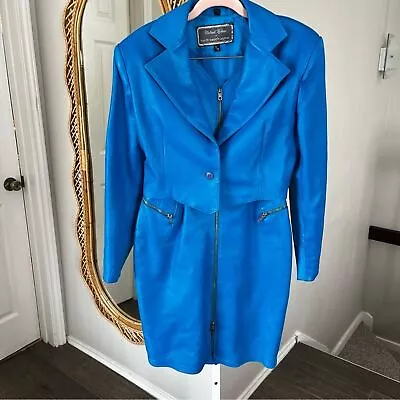 Michael Hoban 2 Piece Set Vintage Bright Blue Leather Bustier Dress & Jacket • $445