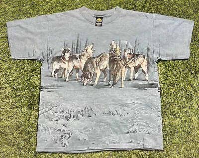 Vintage 90's Habitat Wolves Forest AOP Wrap Around T-Shirt Men's L Nature • $27.89