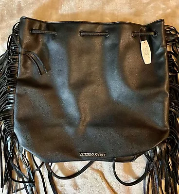 Victoria Secret Backpack Black Fringed Cinched Faux Leather New With Tag • $40