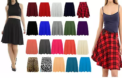 Ladies Plain  Waist Band Knee Short Length Skater Midi Skirt Swing Flared • £7.99