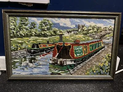 Vintage Picture Embroidery Sewn Needle Work Steamboats Over A Canal 45cm X 29cm • £15