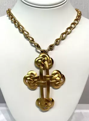 Vintage CROWN TRIFARI Large Brushed Gold Tone Celtic Knot Cross Pendant Necklace • $70