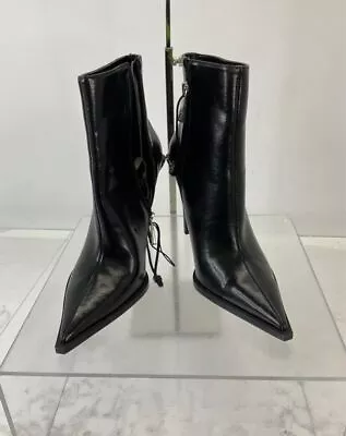 ZARA Black Faux Leather Pointed Toe Heeled Ankle Boots 38/7.5-8 • $25