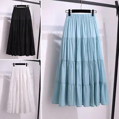 Womens Long Skirt Cotton Linen Maxi Skirt Elastic Waist Vintage Solid Casual • $21.59