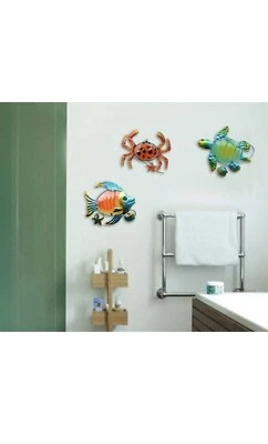$18.95 • Buy Metal Beach Wall Decor Set Of 3 Coastal Decor Fish Crab And Seaturtle