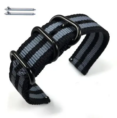 Black & Gray Stripes Nylon Watch Band Strap Belt Army Military Black Buckle #42 • $11.95