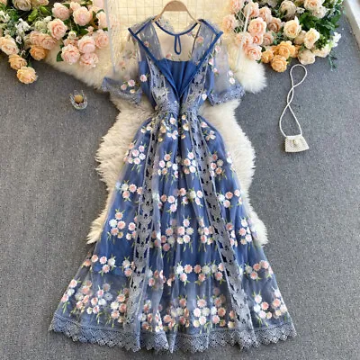 Lady Mesh Embroidery Floral Dress Midi Lace Short Sleeve Hollow Out Fairy Casual • £47.18