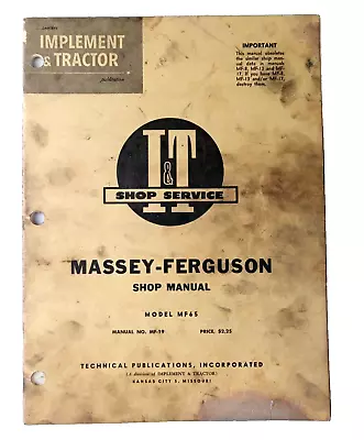 I&T Service MASSEY FERGUSON Tractor Illustrated Shop Manual MF-19 Model MF65 • $29.99