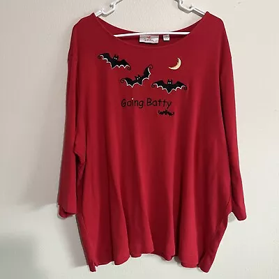 Quacker Factory Red Halloween Bats Going Batty Embroidery Rhinestone Knit Top 2X • $24.99