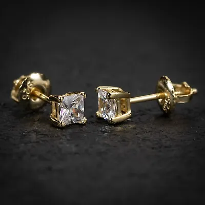 Iced Gold Plated Mens Mini Princess Cut Square Sterling Silver Stud Earrings • $9.99