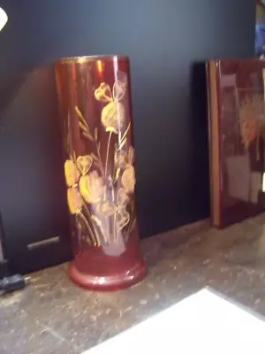 Antique Cranberry Glass Vase Hand Painted/ Gilded Clover Design • £7.50