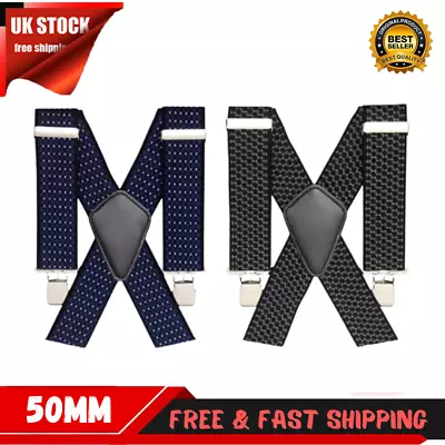 Mens Xxl 50mm Wide Heavy Duty X Shape Braces Elastic Suspenders Trouser Clips Uk • £7.49