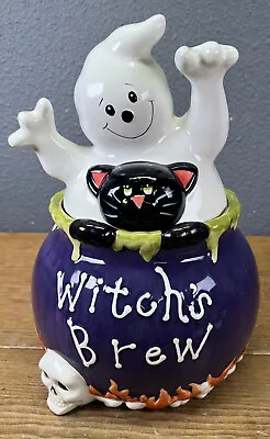 David's Cookies Halloween Cookie Jar   Witches Brew  Ghost W/Black Cat 12” Tall • $23.80