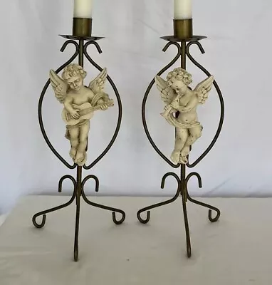 2 VTG Inspired Metal Taper Candle Stick Holder Resin White Cherub Angel 11  • $20