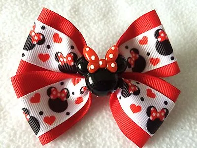 Girls Hair Bow 4  Wide Minnie Mouse Hearts Ribbon Red Flatback French Barrette • $6.99