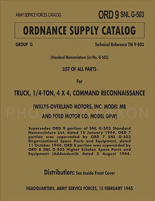 Military Jeep Parts Book Ford GPW Willys MB 1941-1945 ORDSNLG503 Master Catalog • $39