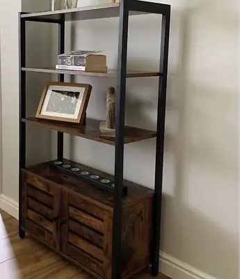 Vintage Industrial Bookcase Tall Side Cabinet Storage Shelving Unit Rustic Metal • £69.90