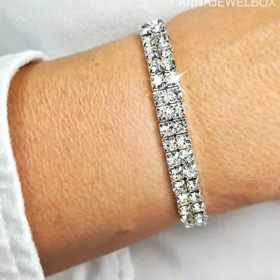 £4.35 • Buy Ladies Silver Tennis Bracelet Cubic Zirconia Crystal Elastic Bridesmaid Gift UK
