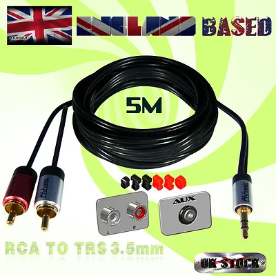 5m RCA/PHONO -TO- TRS / 3.5MM AUXILIARY AUX Mini Jack/OFC AUDIO CABLE (5 METRES) • £6.59