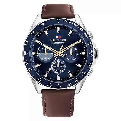 Tommy Hilfiger Brown Leather Blue Dial Men's Multi-function Watch - 1791965 • $246