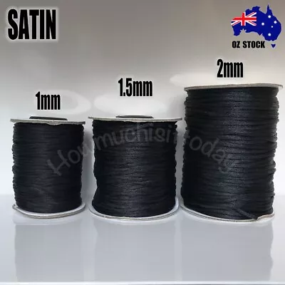 Satin Cord Rattail Shamballa Nylon Macrame Kumihimo String BLACK 1mm 1.5mm 2mm • $10.40