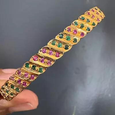 Vintage Victorian Revival Gold Plat Stimulated Gemstones Hinged Bangle Bracelet • $124