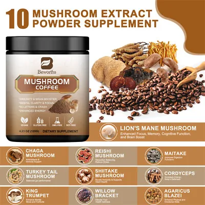 Organic 10 Mushroom Coffee - Mushroom Extract Powder Supplement Brain & Memory • $20.97