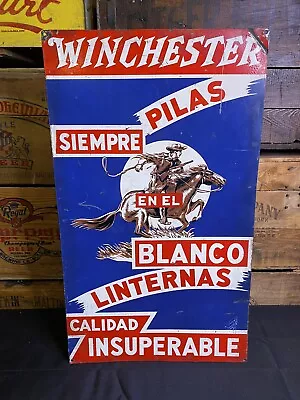 Vintage Winchester Spanish Tin Metal Hunting Advertising Sign Original 14x24” • $699.95