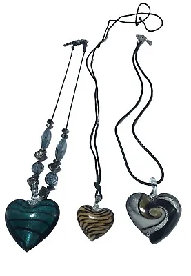 3 Heart Glass Pendant Necklaces Unmarked 18  Chain Mixed Styles See Images  • $9.99