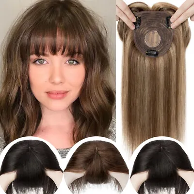 Women Real Remy Human Hair Clip In Topper Toupee Top Piece Extensions With Bangs • £32.23