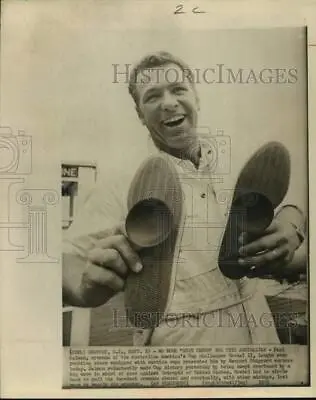 £17.69 • Buy 1970 Press Photo Yachtsman Paul Salmon Displays Special Shoes Presented To Him.