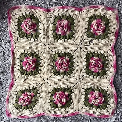 Handmade Crocheted Baby Blanket Pink Roses Afghan 28” X 28” Square • $15