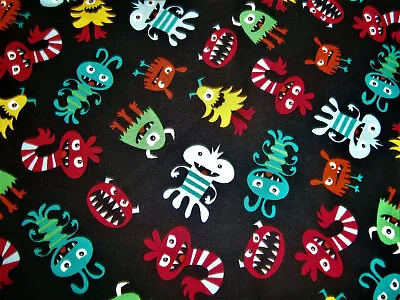 Novelty Fabric Black W/ Multicolor Alien Monsters 42  X 1.5 Yards • $6.99