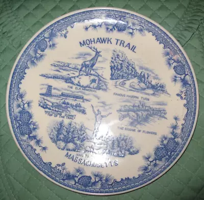 VINTAGE COLLECTIBLE POTTERY MOHAWK TRAIL PLATE MASSACHUSETTS Blue/White 9.5  SO • $9.99