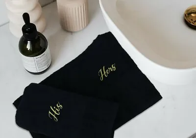 £15.95 • Buy 100% Egyptian Cotton Embroidered His Hers Black Gold Hand Bath Towel Gift Sets