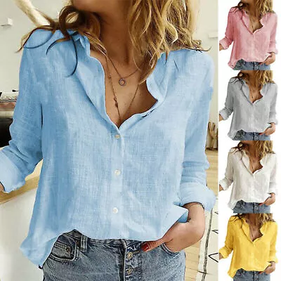 $18.19 • Buy Womens Cotton Linen Plain Blouse Tops Ladies Baggy Long Sleeve Casual T-Shirt