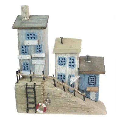 £19.95 • Buy Wooden Harbour Cottages Coastal Art Ornament Driftwood Cottage House Nautical