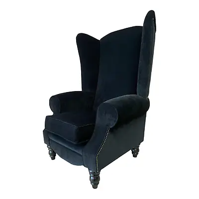 Wing Back Queen Anne Fireside Extra Tall High Back Chair Black Soft Touch Fabric • £619