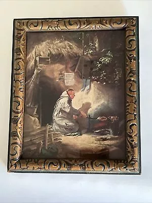 Carl Spitzweg Print MONK ROASTING CHICKENS Carved Wood Framed W Glass Vintage • $21.59