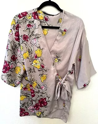 ZARA Blouse Top FLORAL PRINT Bow Tied WRAP Silky KIMONO XS Shirt 7922/121 • $15.99