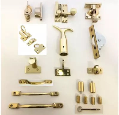 Polished Brass Sash Window Fittings -Fasteners/Catch/Pole Hook/Pulley/Lift/Stops • £14.99