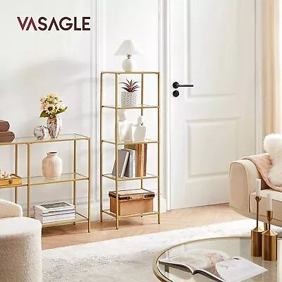 Vasagle Shelving Unit 5-Tier Ladder Shelves Slim Tempered Glass Shelf Gold • $106.45