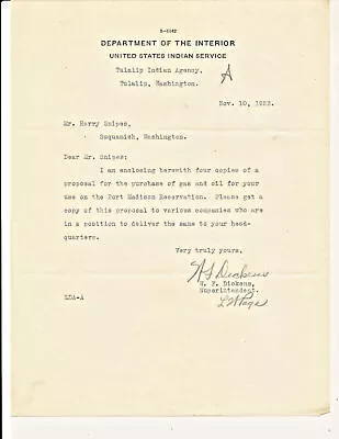 Vintage 1923 Signed Tulalip Indian Agency Letter - Bids For Automobile Gas & Oil • $12.95