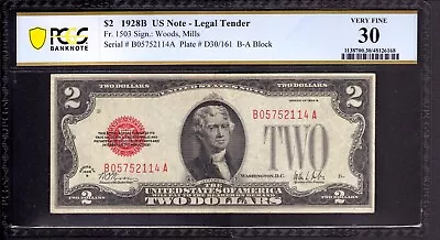 1928 B $2 Legal Tender Note Red Seal Fr.1503 Ba Block Pcgs B Very Fine Vf 30 • $249.99