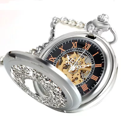 Mens Mechanical Silver Tone Steampunk Pocket Watch Skeleton Retro Chain Luxury • $24.99