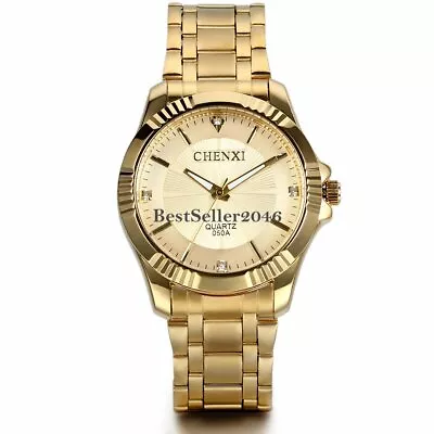 Luxury Men Stainless Steel Gold Tone Quartz Analog Waterproof Sports Wrist Watch • $16.99