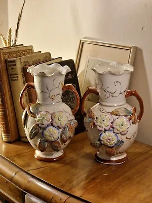 Lovely Pair Antique Wardle England Barbotine Majolica Floral Double Handle Vases • £69.99