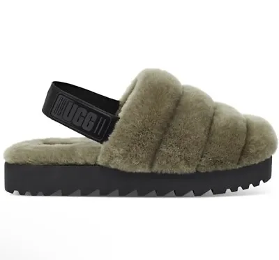 UGG SUPER FLUFF WOMENS SHEARLING COZY SLINGBACK SLIPPERS Burn Olive Size 7 • $36.99